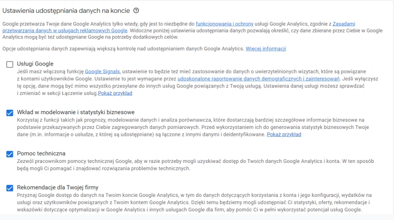 opcje Google Analytics przy zakładaniu konta