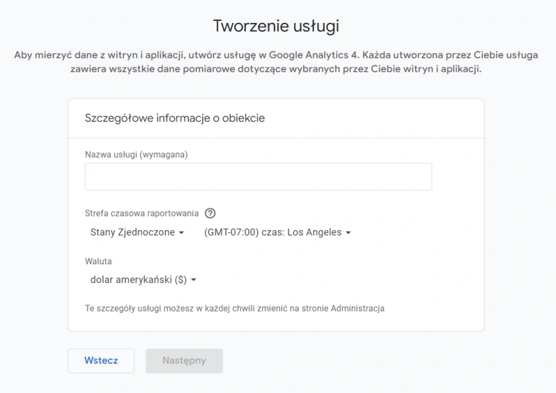 google analytics - tworzenie usługi