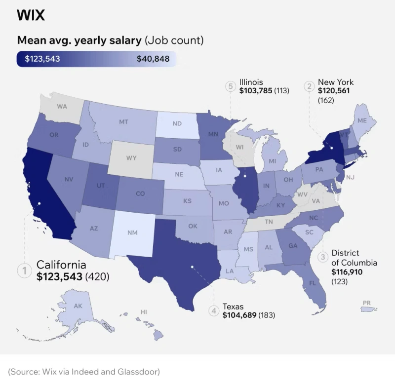 mapa pokazująca zarobki blogerów w USA